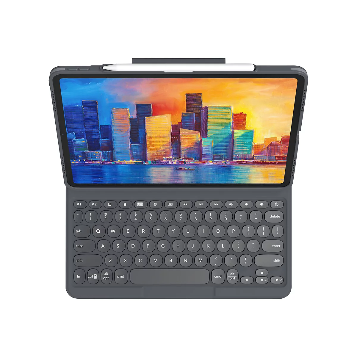 Dunkelgraues iPad mit angeschlossener Tastatur, darauf ein farbenfrohes Gemälde einer Stadt.
