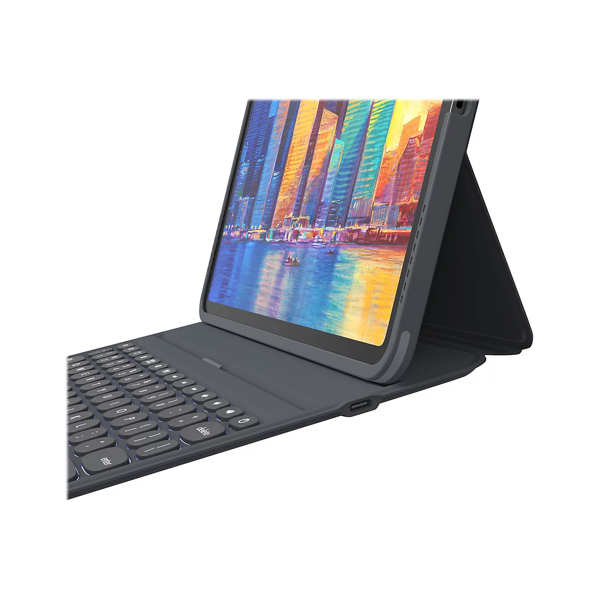 Graues Tablet mit angeschlossener Tastatur. Der Bildschirm zeigt eine farbenfrohe Stadtlandschaft.