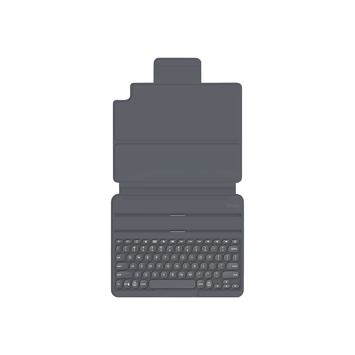 Graue Tablet-Tastatur-Hülle mit Tastatur und Logo von ZAGG.