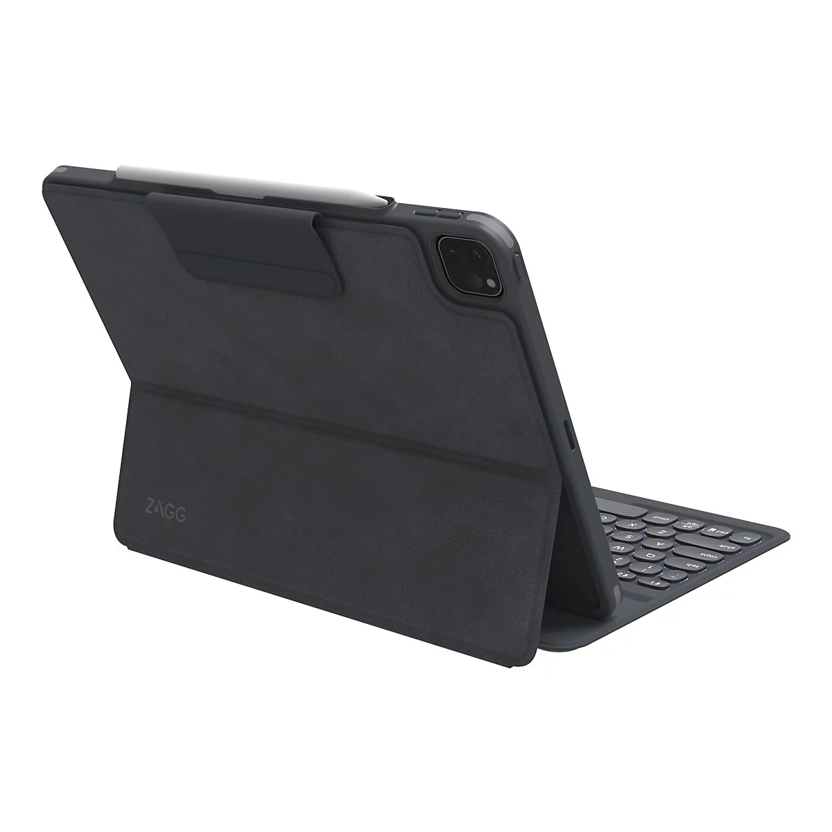 Dunkelgraue Tablet-Tastaturhülle mit Stifthalterung. Das Tablet ist geöffnet und die Tastatur ist sichtbar. Das ZAGG-Logo ist links unten.