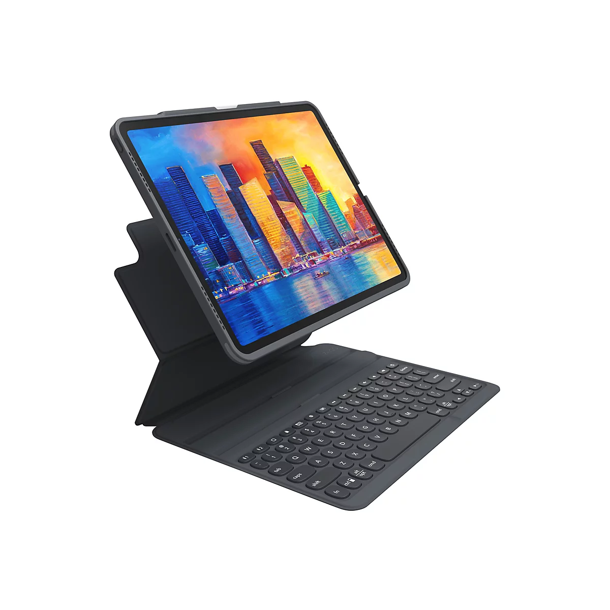Ein schwarzes Tablet mit angeschlossener Tastatur, die das Tablet in einem Winkel hält. Auf dem Display ist ein buntes Bild von Gebäuden zu sehen.