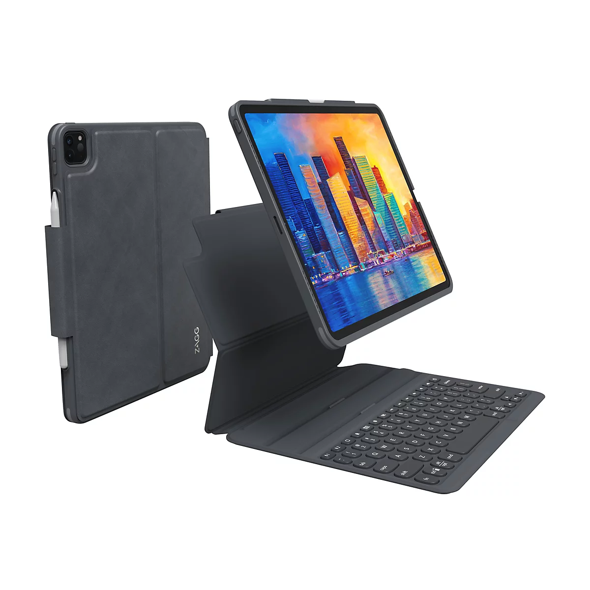 Dunkelgraue Tablet-Hülle mit integrierter Tastatur und Stifthalter. Das Tablet zeigt ein farbenfrohes Stadtbild.