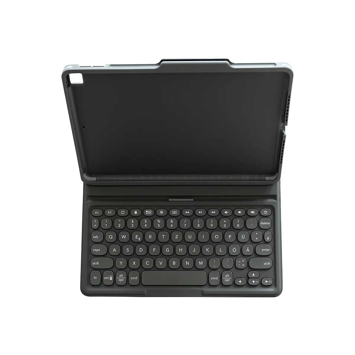 Dunkelgraue Tablet-Hülle mit integrierter Tastatur. Buchstaben, Zahlen und Sonderzeichen auf den Tasten. Offen, Tablet nicht eingesetzt.