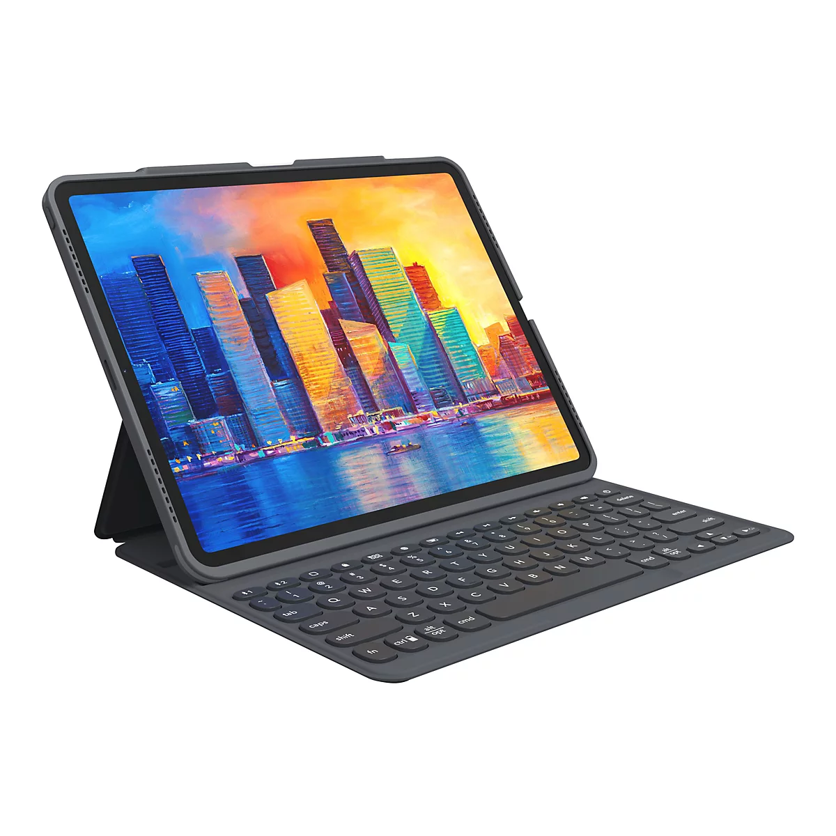 Dunkelgraues Tablet mit Tastatur. Auf dem Bildschirm ist ein farbenfrohes Gemälde von Hochhäusern zu sehen.