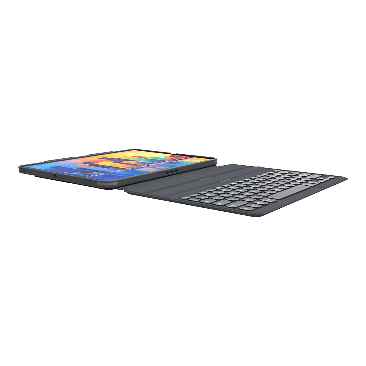 Dunkelgraues Tablet mit farbenfrohem Bildschirm, daneben eine dunkle Tastatur, beide auf weißem Grund.