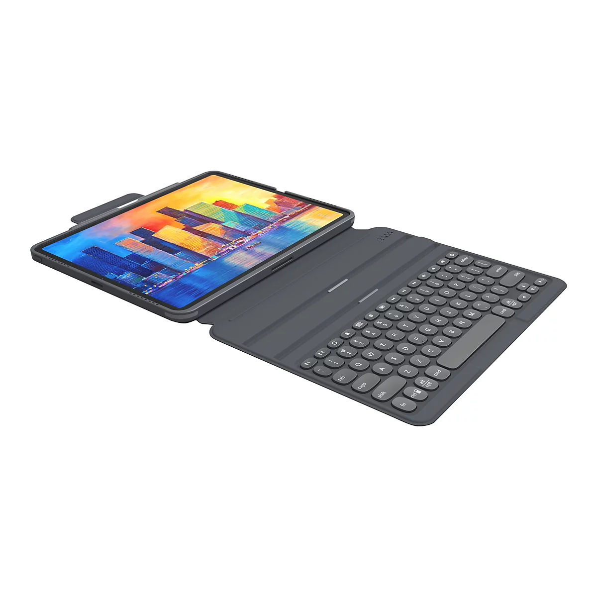 Draufsicht auf ein dunkles Tablet mit angebrachter Tastatur, die geöffnet ist. Der Bildschirm zeigt eine farbenfrohe Stadtansicht.