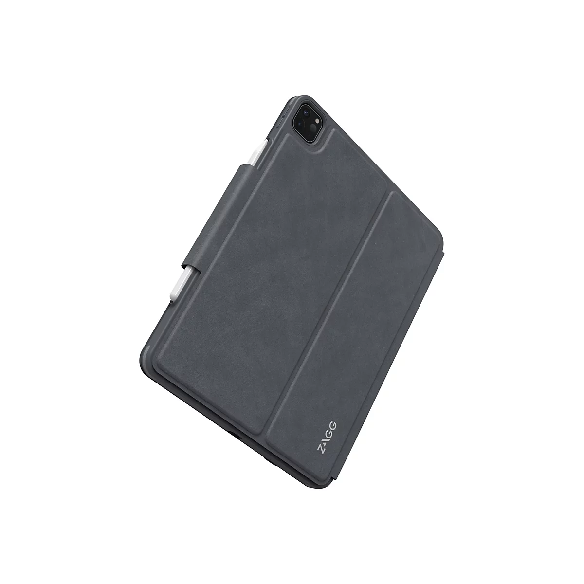 Dunkelgraues iPad Case, mit Stifthalter und Logo ZAGG, auf weißem Hintergrund.
