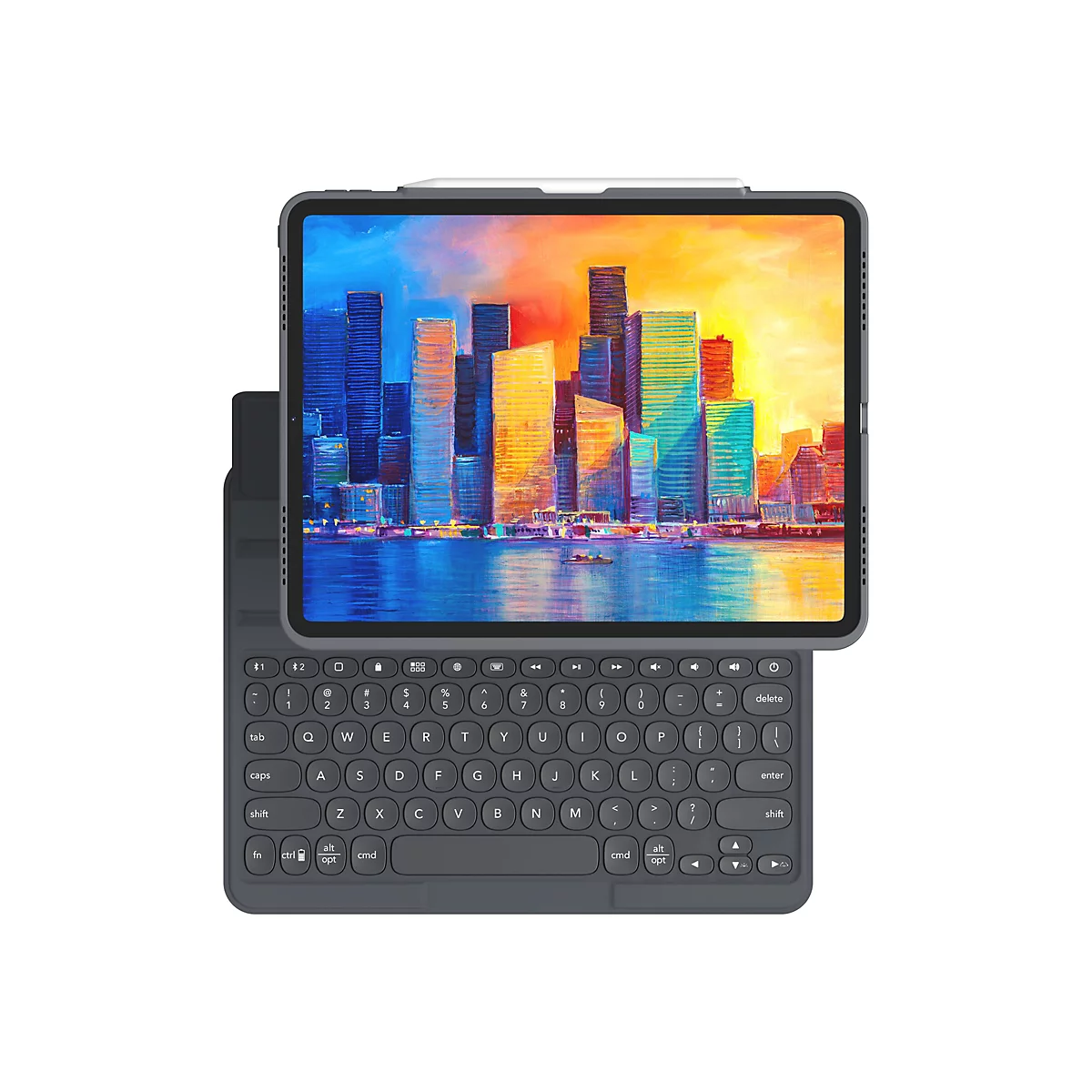 Graues Tablet mit angeschlossener Tastatur. Auf dem Bildschirm ist ein farbenfrohes Stadtbild zu sehen. Oben ist ein weißer Stift platziert.