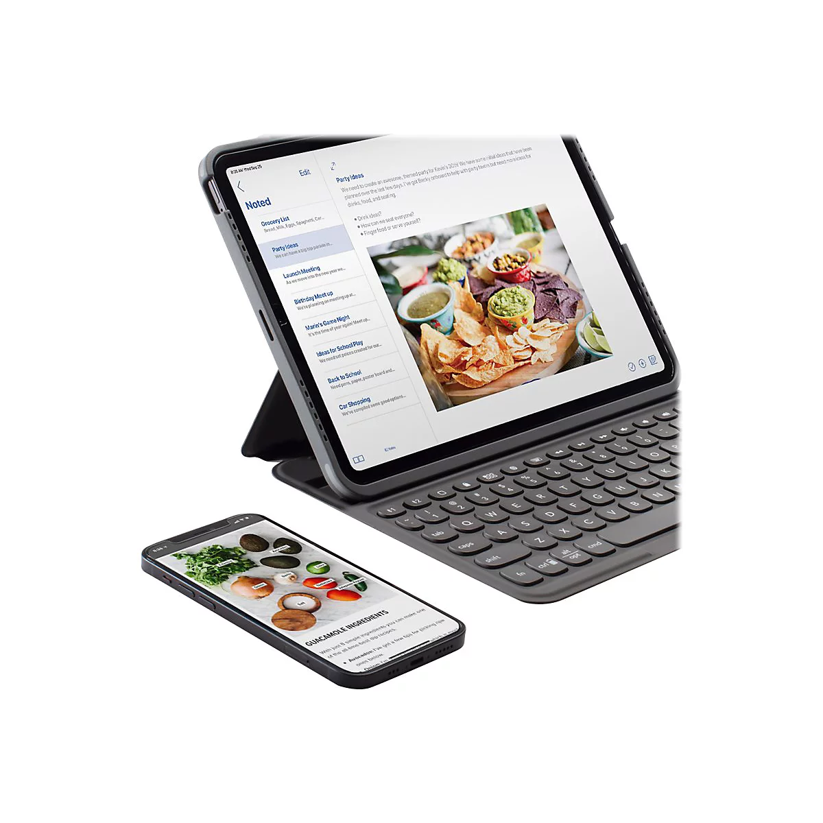 Ein iPad mit Tastatur und ein Smartphone zeigen Notizen und Guacamole-Zutaten. Auf dem iPad ist eine Party-Planung zu sehen.
