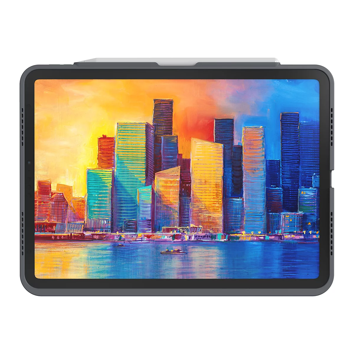 Ein Tablet zeigt ein Gemälde einer Skyline mit bunten Wolkenkratzern über dem Wasser, der Himmel ist gelb, orange und blau.