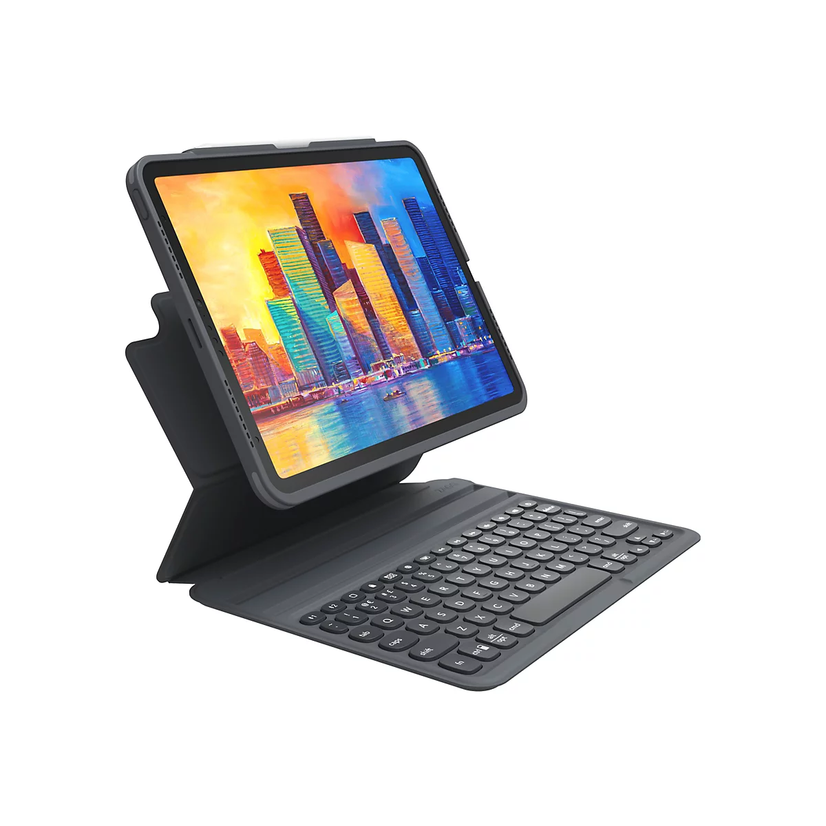 Dunkelgraues Tablet mit Tastatur, Display mit Stadtlandschaft.