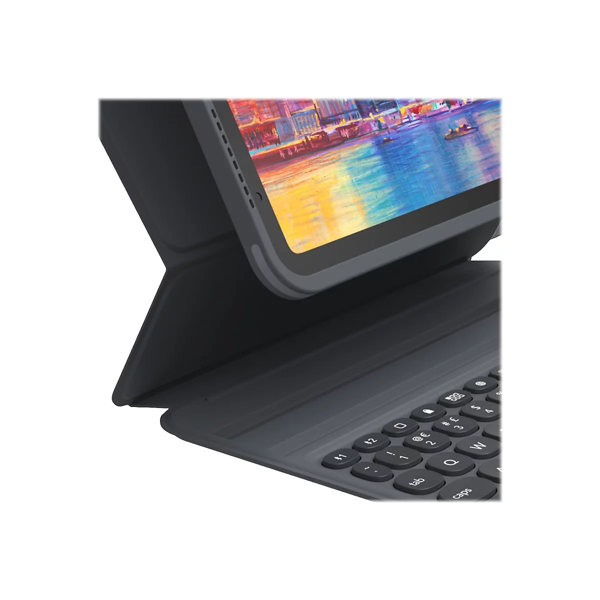Dunkle Tablet-HÃ¼lle mit integrierter Tastatur, auf der ein Tablet mit buntem Display steht.