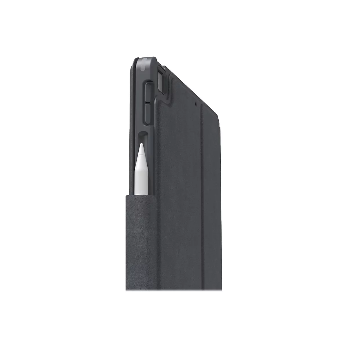 Graue Tablet-HÃ¼lle mit Stifthalterung, ein weiÃŸer Stift steckt darin.
