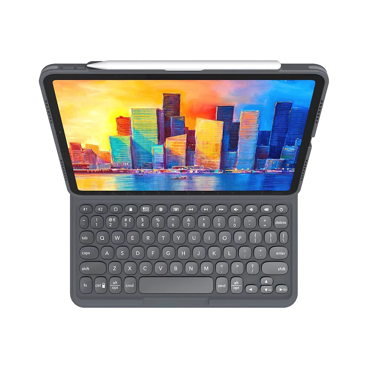 Ein Tablet mit angedockter Tastatur. Der Bildschirm zeigt ein buntes Stadtbild, ein weiÃŸer Stift liegt oben.