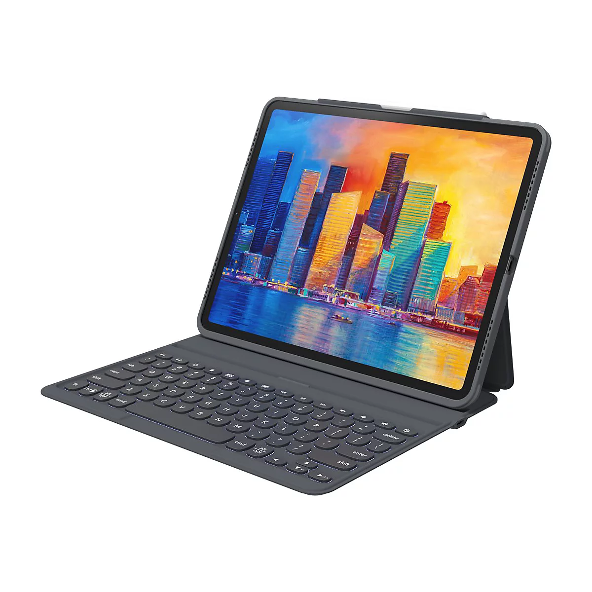 Dunkelgraues Tablet mit angedockter Tastatur, Bildschirm zeigt ein farbenfrohes Stadtbild, weißer Stift oben. Auf hellem Hintergrund.