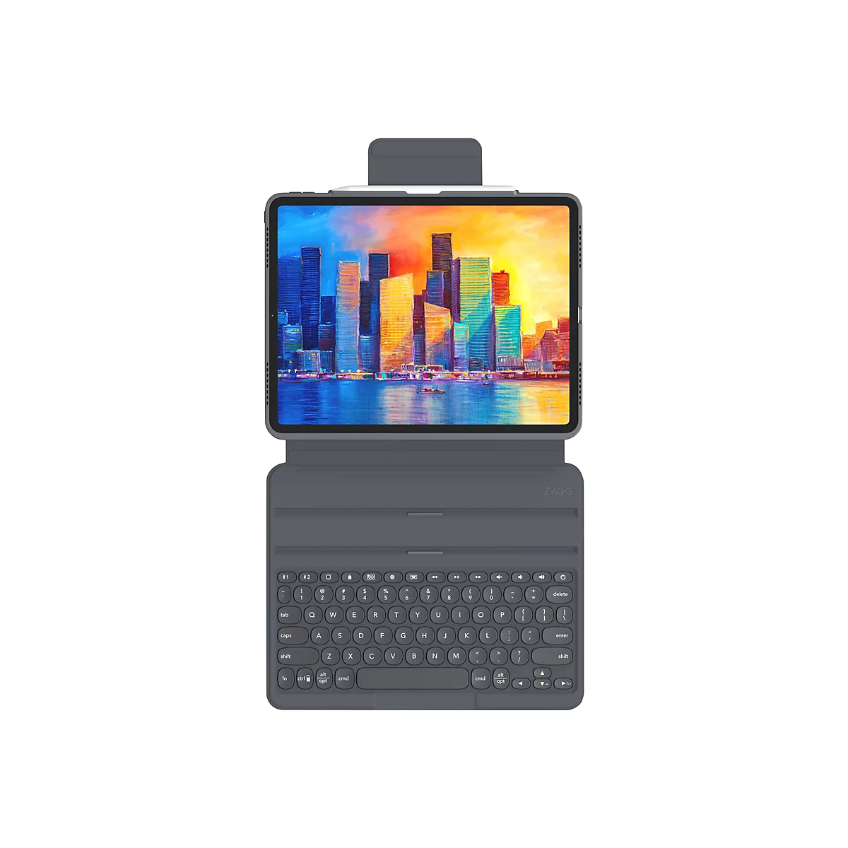 Graues Tablet mit angedockter Tastatur. Auf dem Bildschirm ist ein farbenfrohes Stadtbild zu sehen.