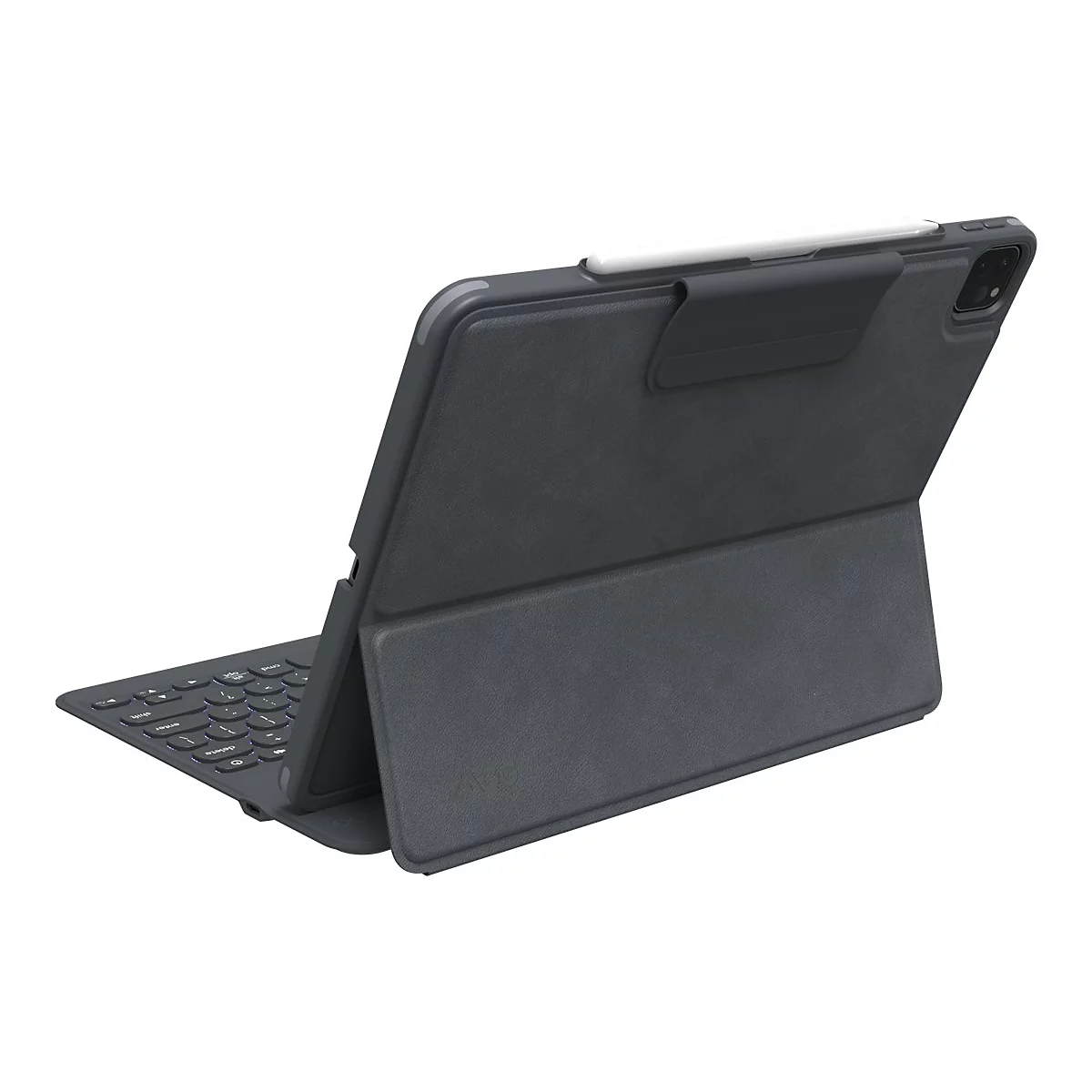 Dunkelgraues Tablet mit Tastatur, Stift und Hülle, leicht angewinkelt. Auf weißem Hintergrund.