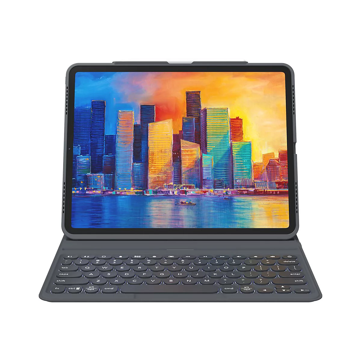 Tablet mit beleuchteter Tastatur, Bildschirm mit Stadtansicht in bunten Farben. Geöffnet, Blick von oben.