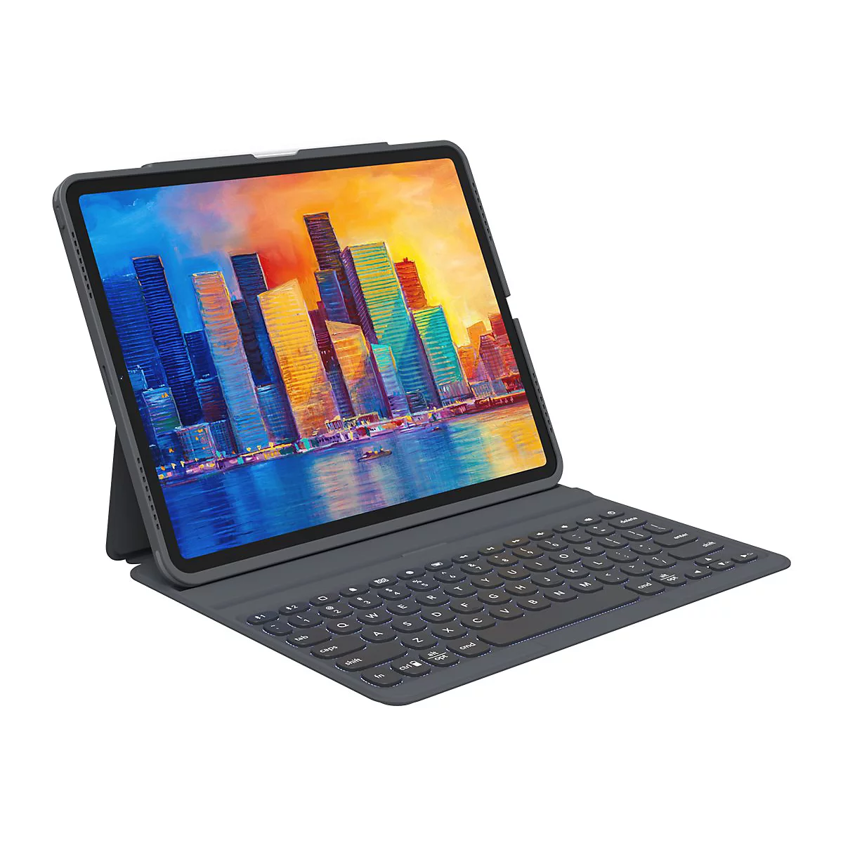 Dunkelgraues Tablet mit Tastatur. Auf dem Display ist ein farbenfrohes Stadtbild zu sehen.