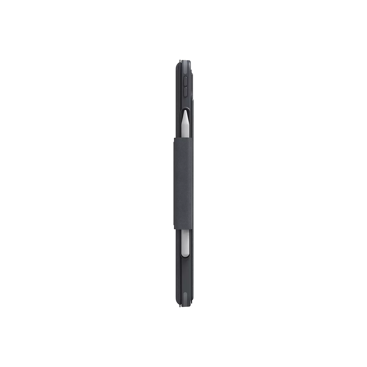 Ein schwarzes iPad mit Stifthalter und Stift, seitlich betrachtet.