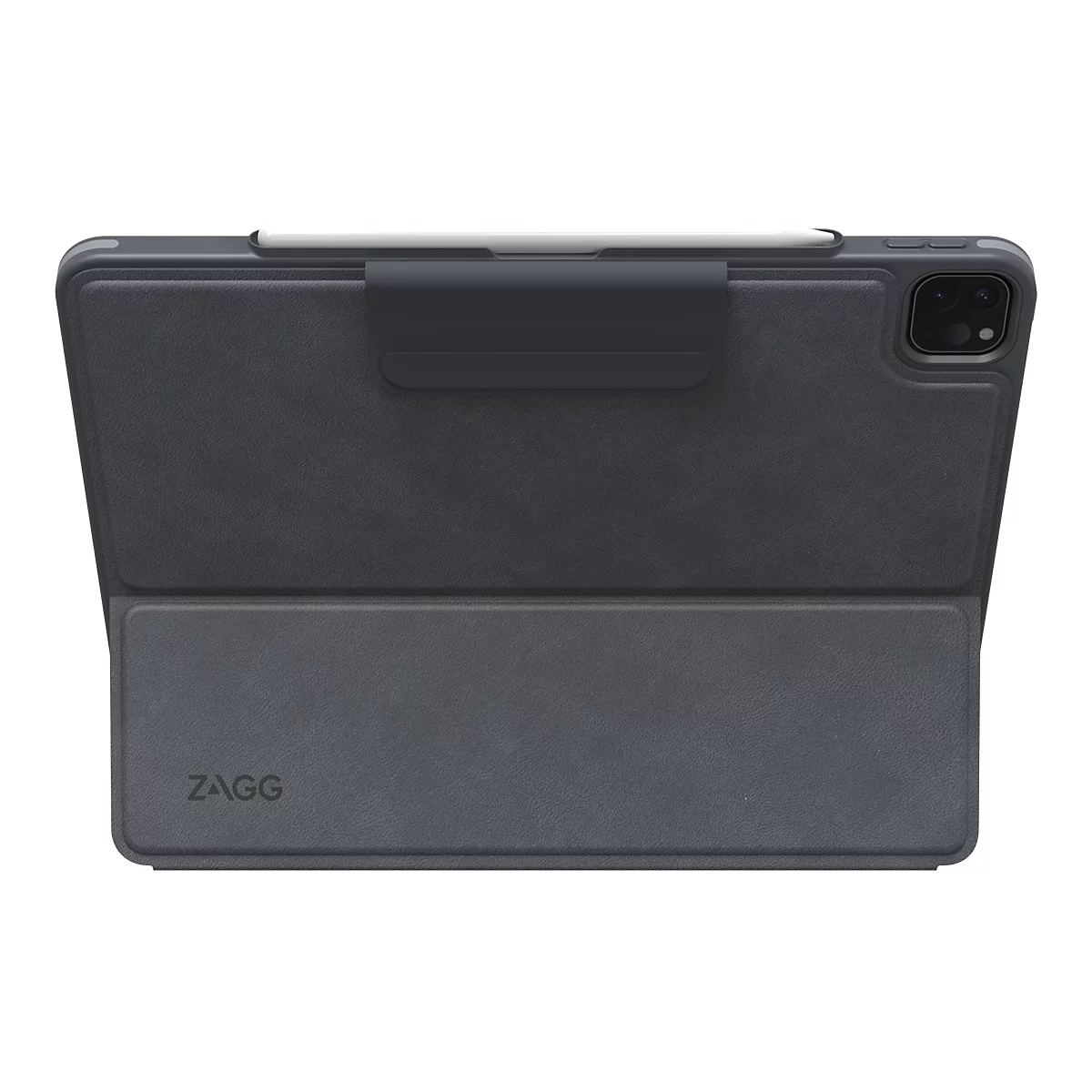 Dunkelgraue iPad-Hülle mit integriertem Stifthalter und dem Markennamen ZAGG.