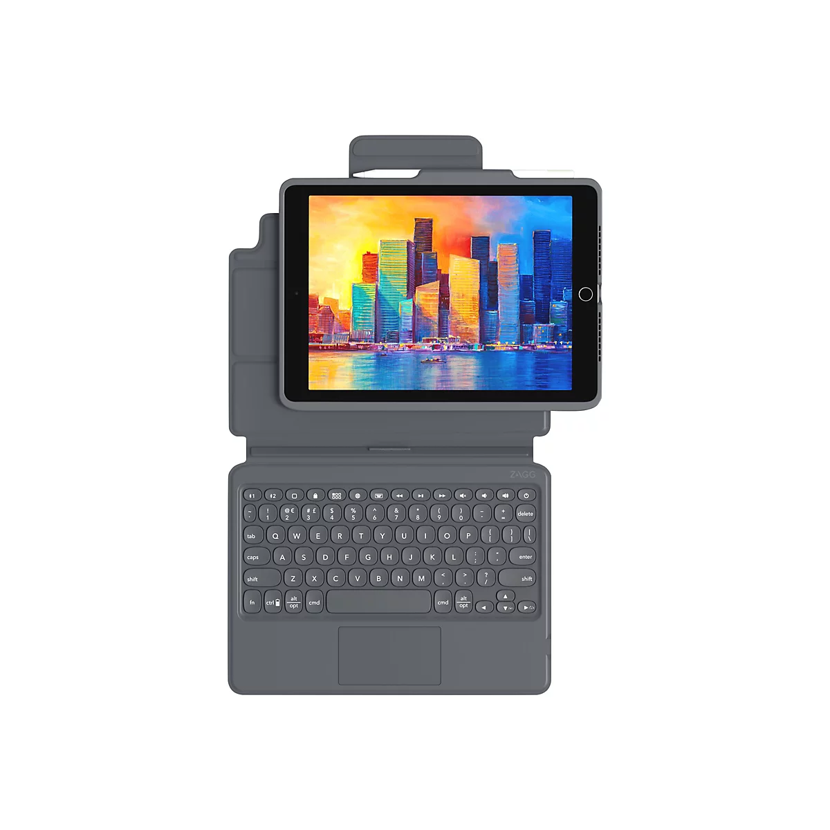 Un iPad gris avec clavier, affichant un paysage urbain avec des gratte-ciel colorés. La tablette est fixée dans un étui.