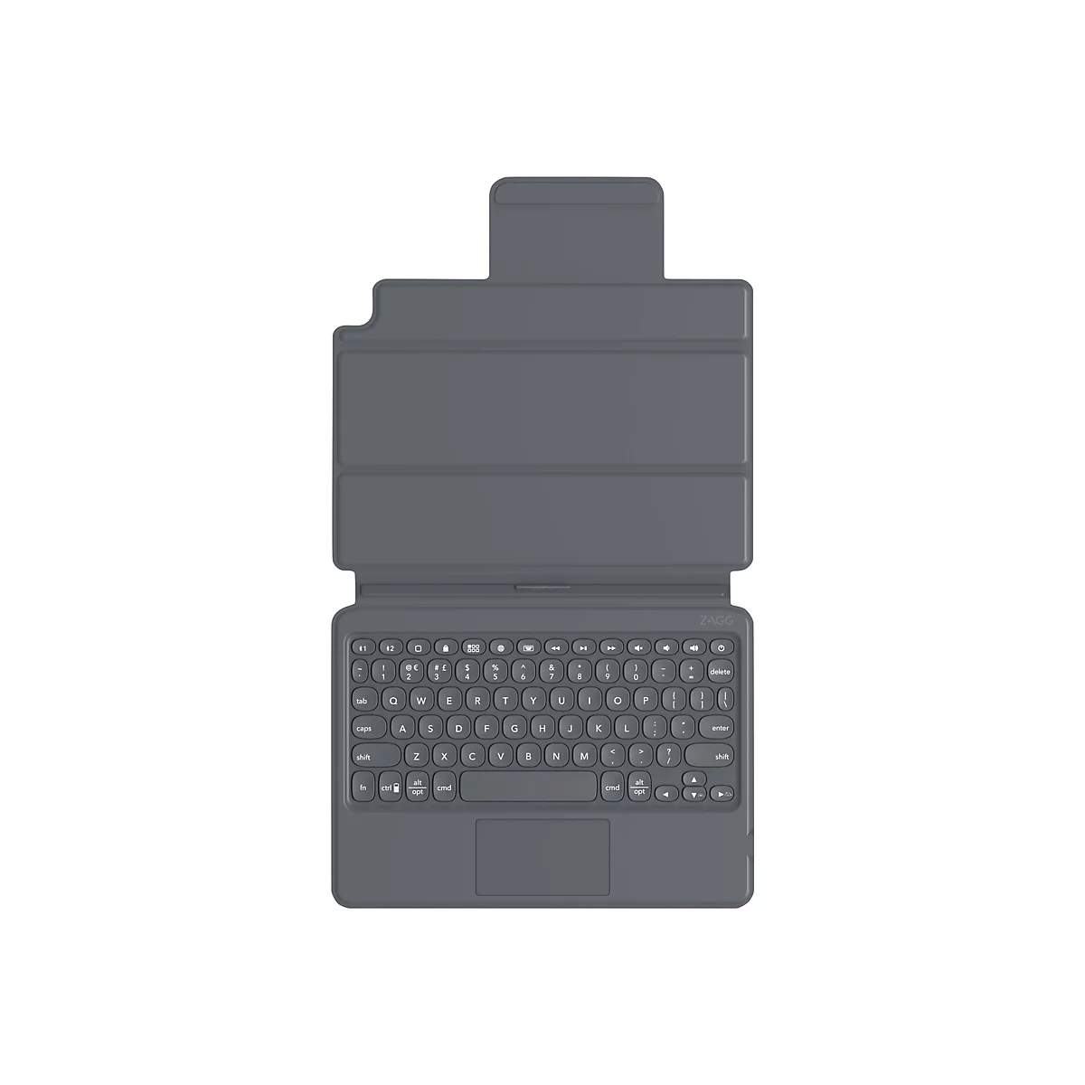 Étui clavier de tablette gris avec clavier et pavé tactile intégrés. Le logo ZAGG se trouve en haut à droite.