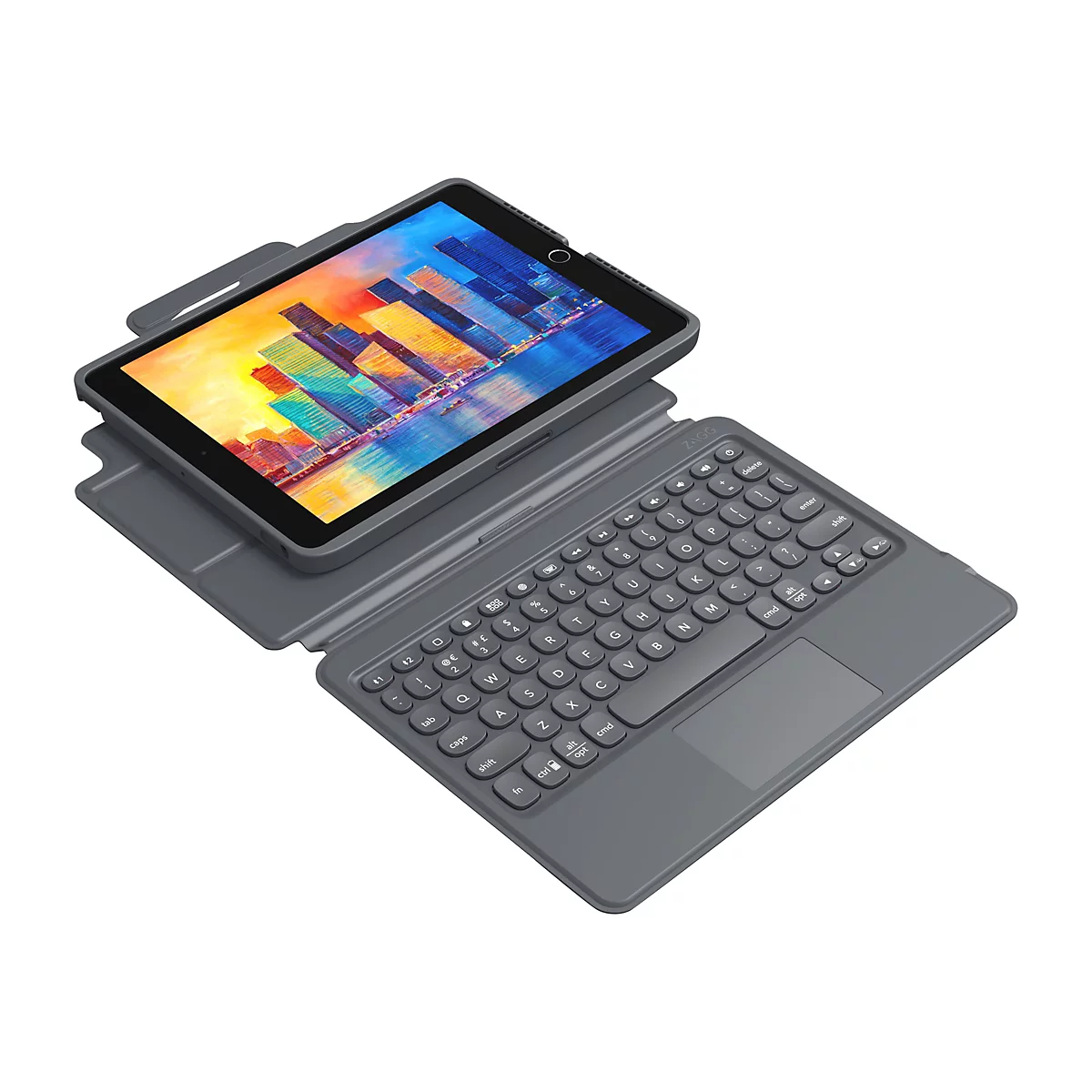 Tablette gris foncé avec étui clavier, écran affiche paysage urbain, étui ouvert. Le clavier a une disposition allemande, pavé tactile.