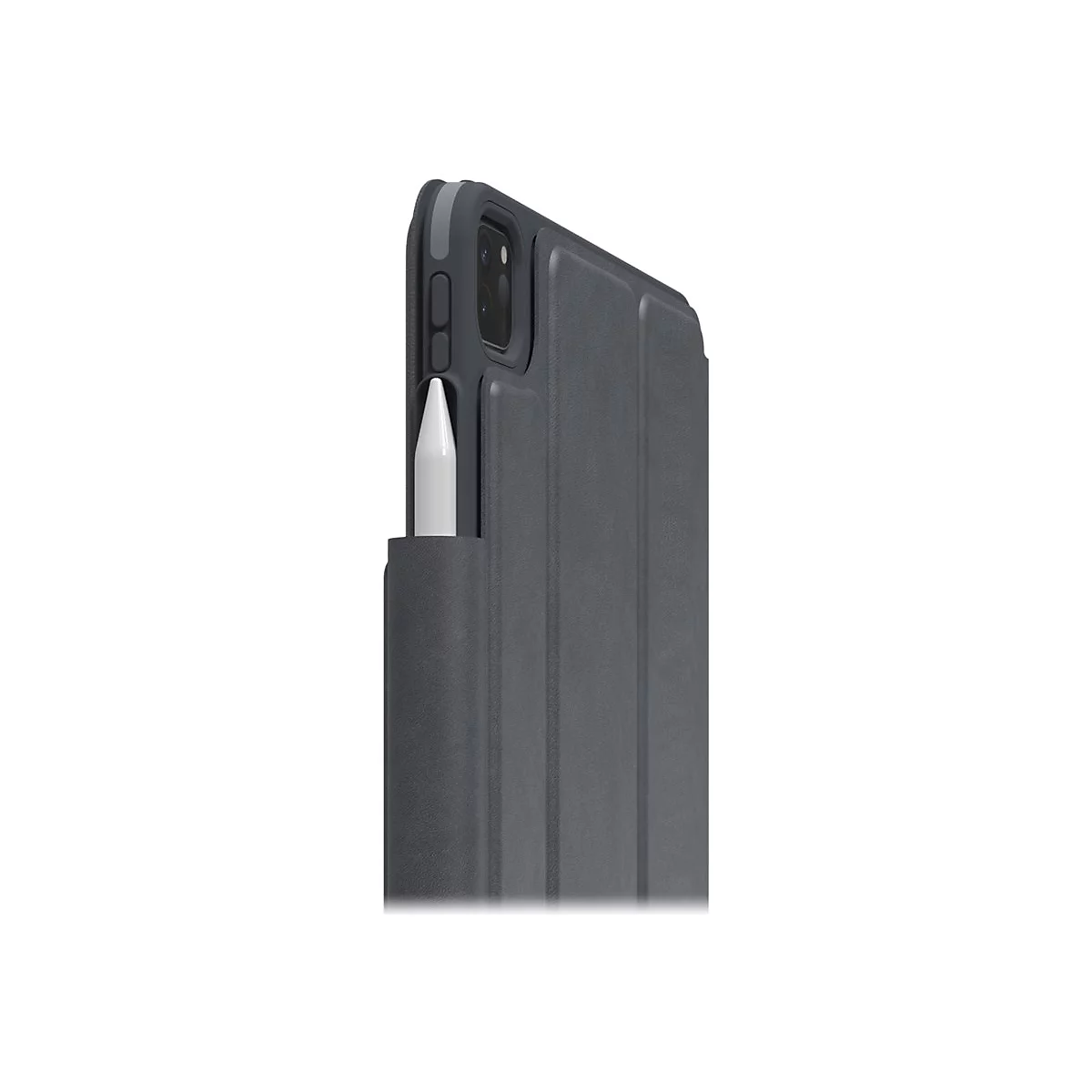 Étui iPad gris foncé avec porte-stylet, montrant un stylet blanc. Détails de l'étui.
