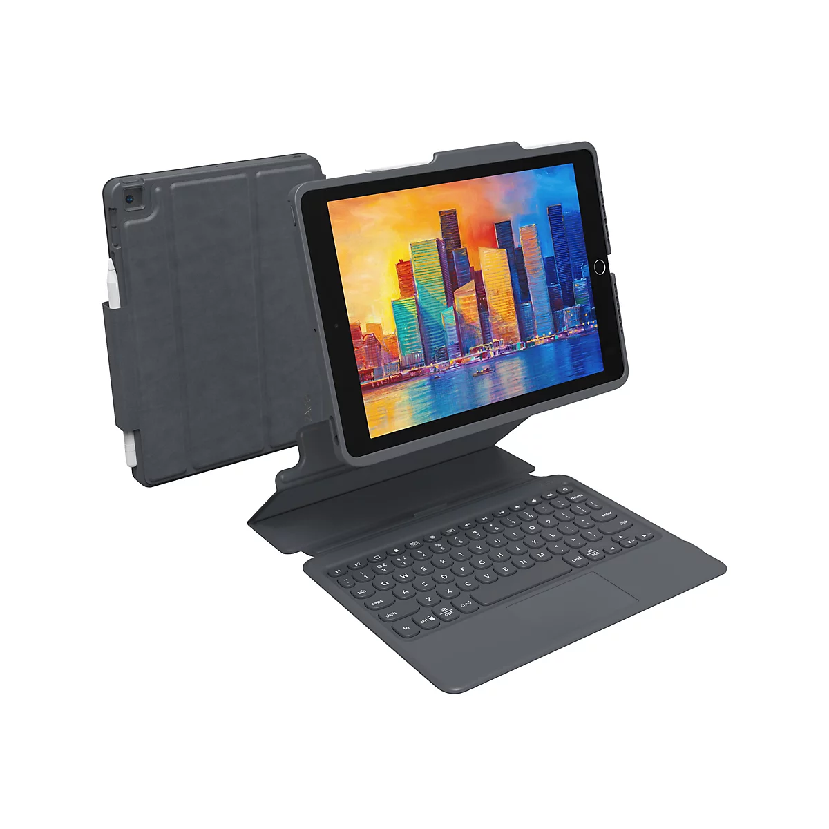 Tablette gris foncé avec clavier attaché ; un paysage urbain coloré est affiché.