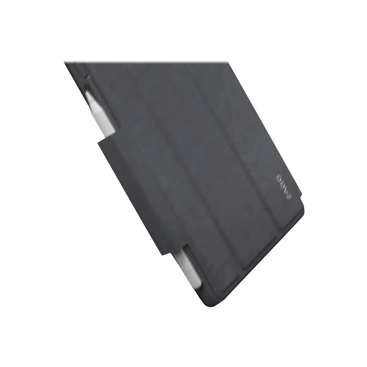 Housse de tablette gris foncé avec porte-stylo, à côté d'un stylo blanc.