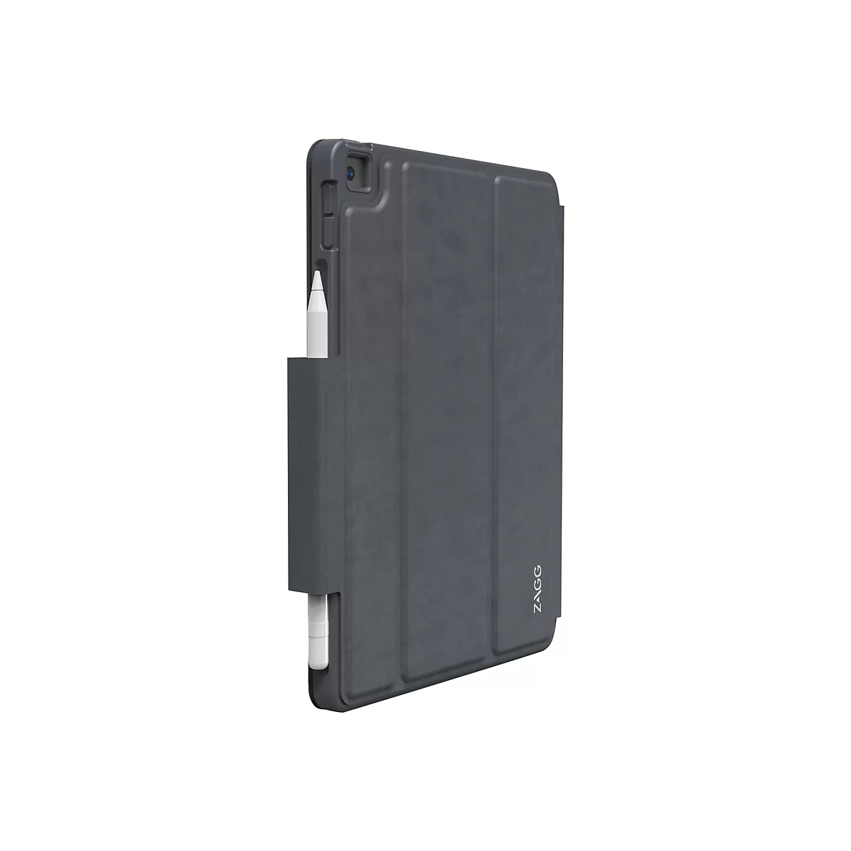 Étui iPad gris foncé avec porte-stylet et stylo. Logo "ZAGG" sur l'étui.