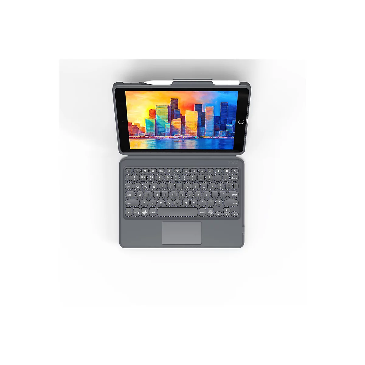 Tablette grise avec clavier et stylet. Un paysage urbain est visible sur l'écran. La tablette repose sur une surface blanche.