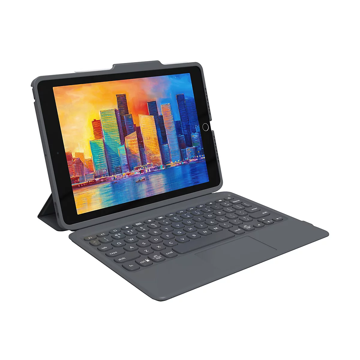 Tablette gris foncé avec clavier et stylet. L'écran affiche un paysage urbain coloré.