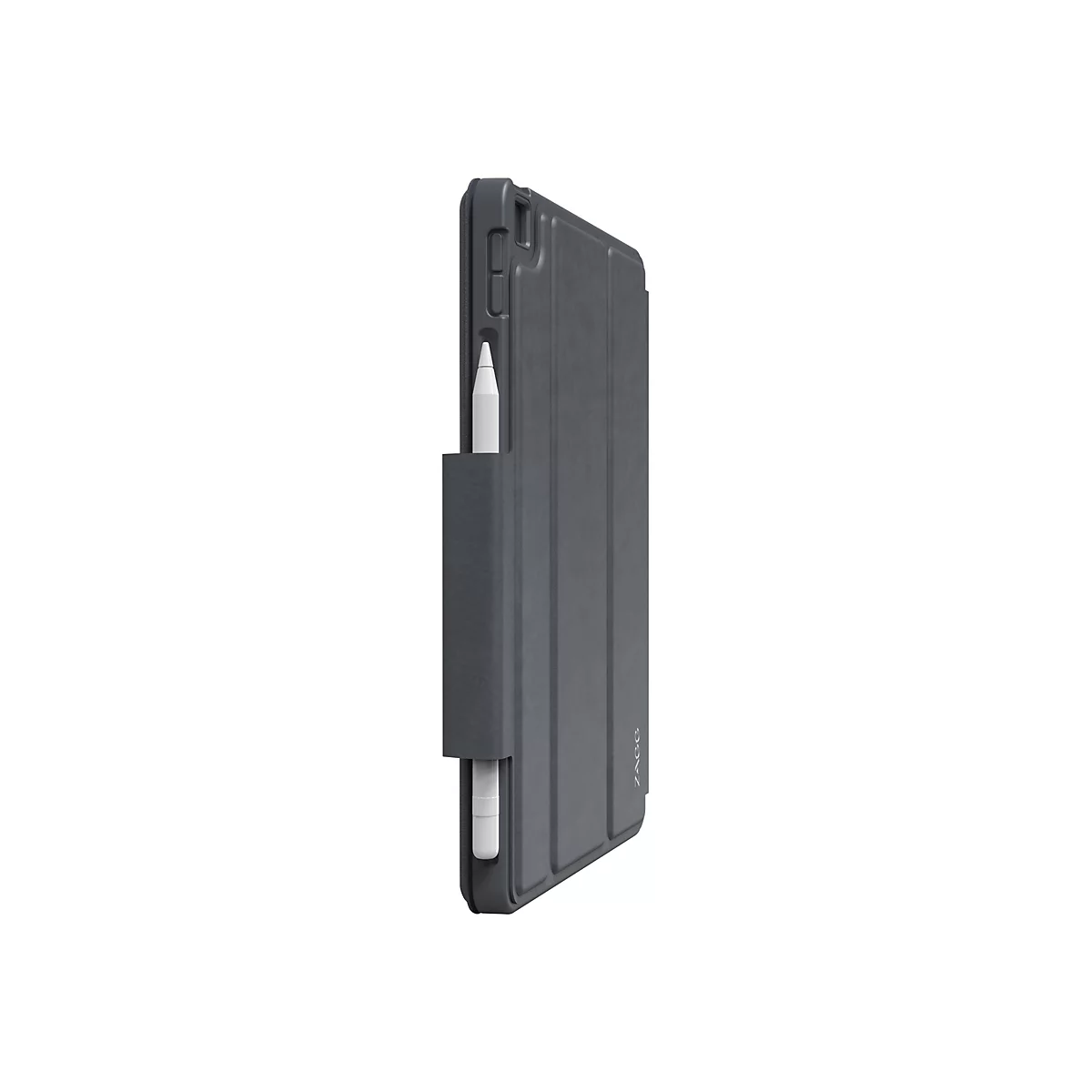 Étui pour iPad gris foncé avec un support pour un stylo blanc, partiellement visible. L'étui est fermé et a une surface lisse.