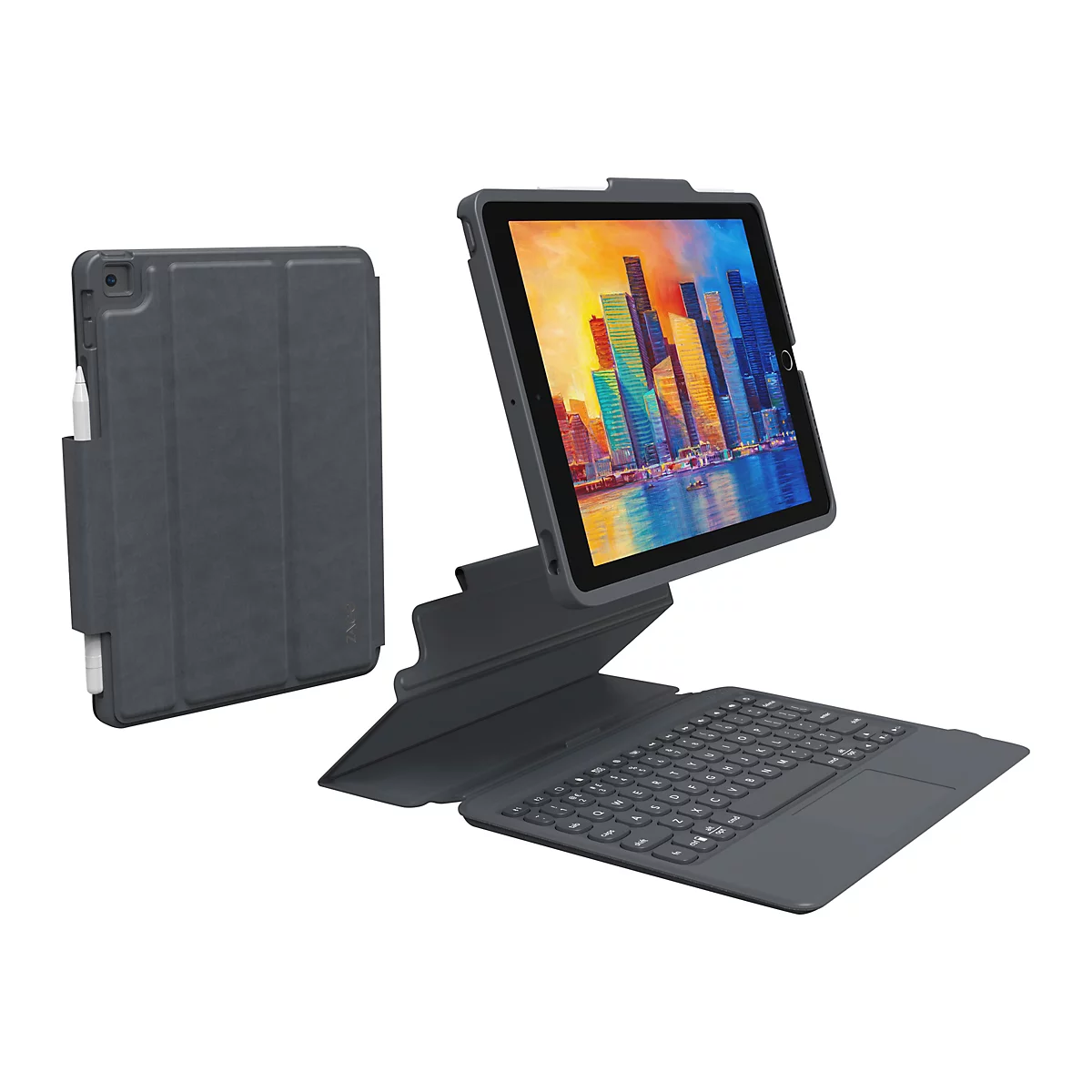 Étui iPad gris avec clavier intégré et support pour stylet. L'écran affiche une image d'un paysage urbain.
