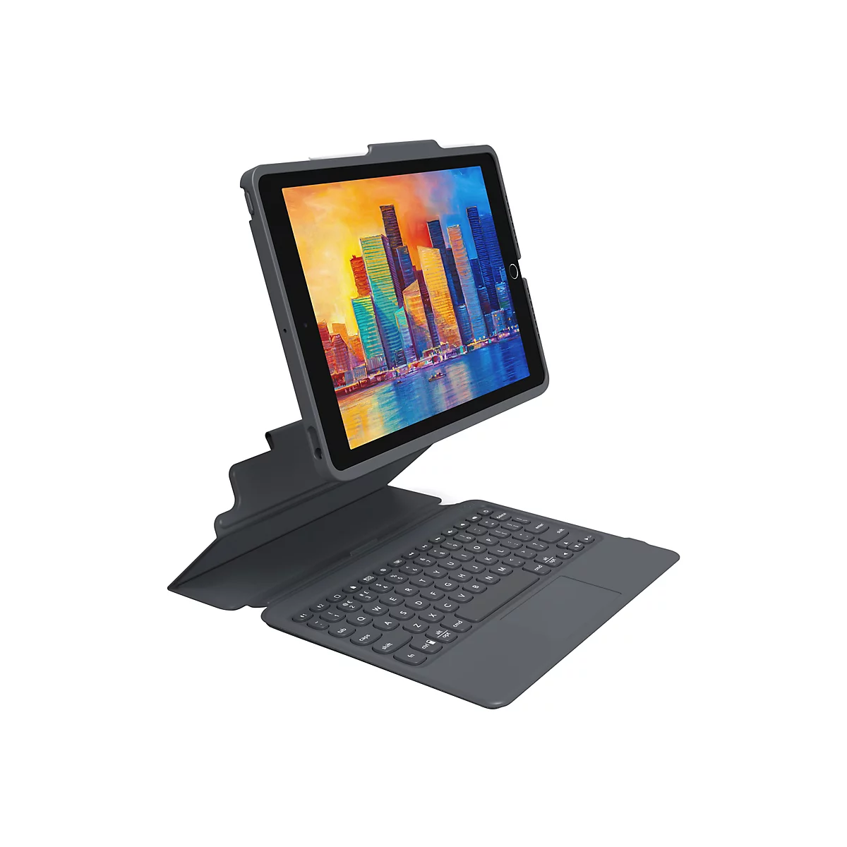 Tablette gris foncé avec clavier et écran affichant un paysage urbain.