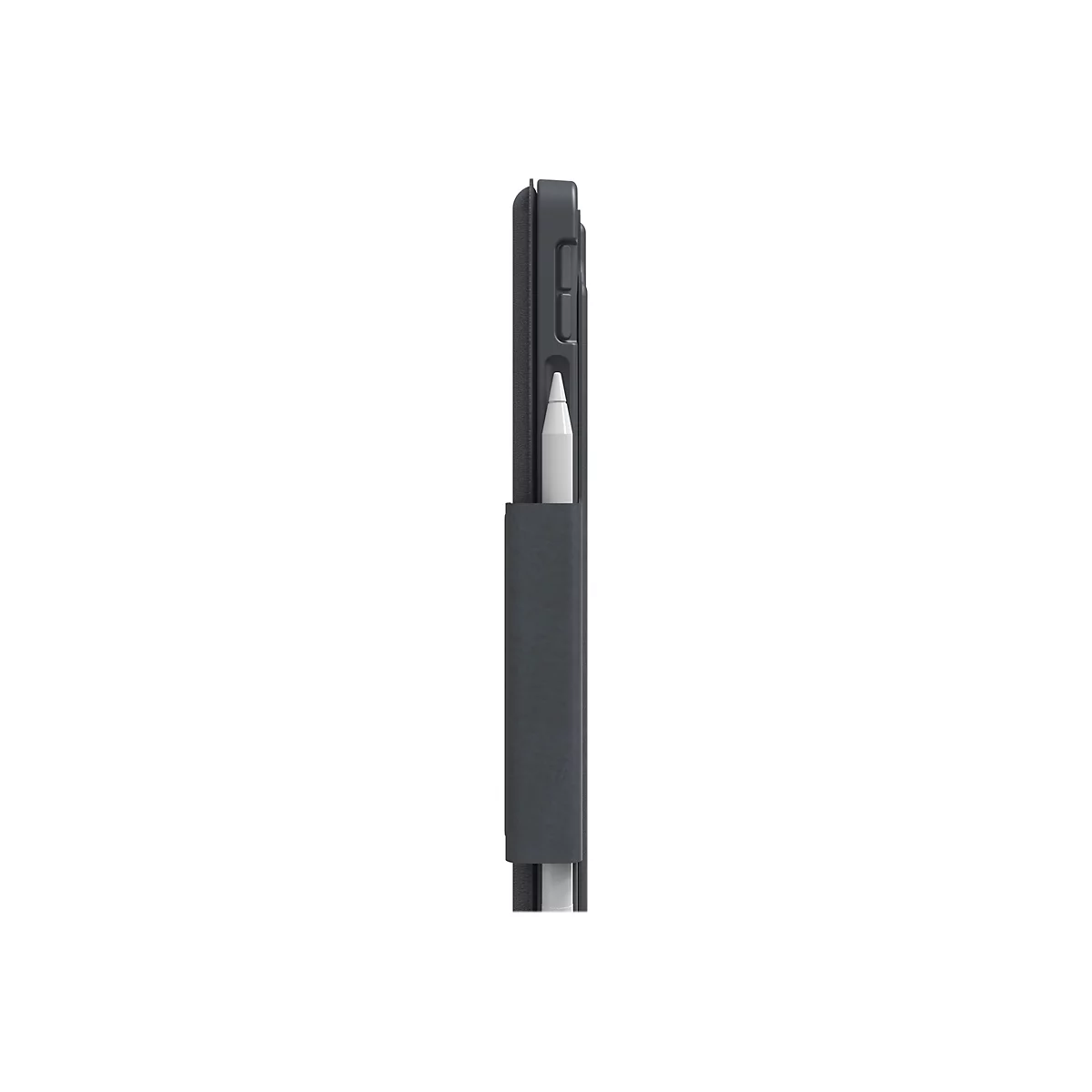 Gros plan d'une tablette anthracite avec un stylo blanc inséré dans un support.