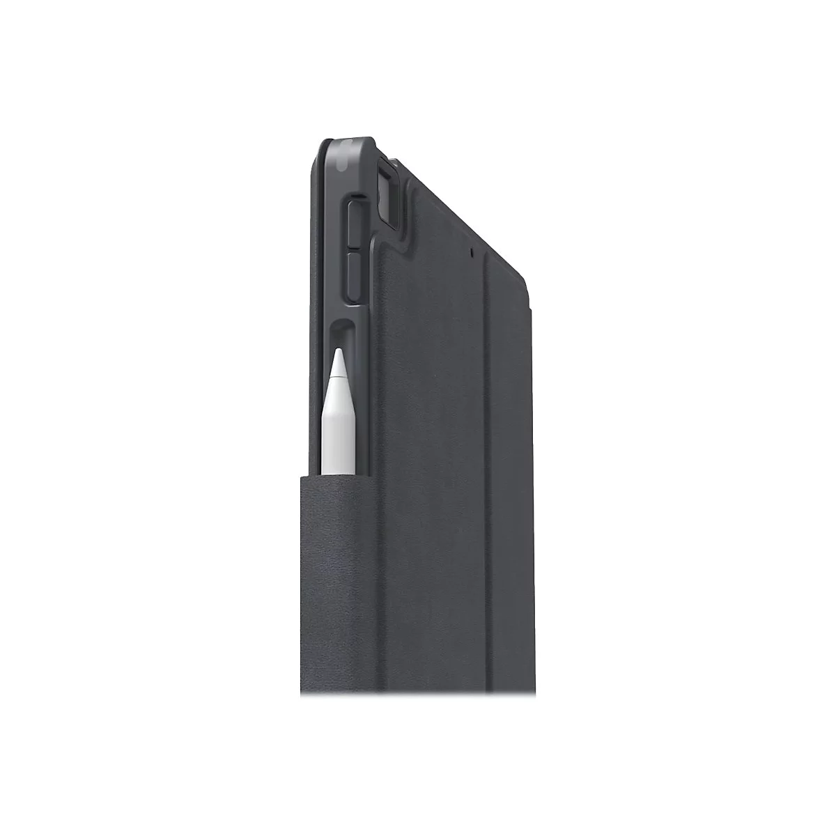 Dunkelgraue Tablet-Hülle mit integriertem Stifthalter, in dem ein weißer Stift steckt.