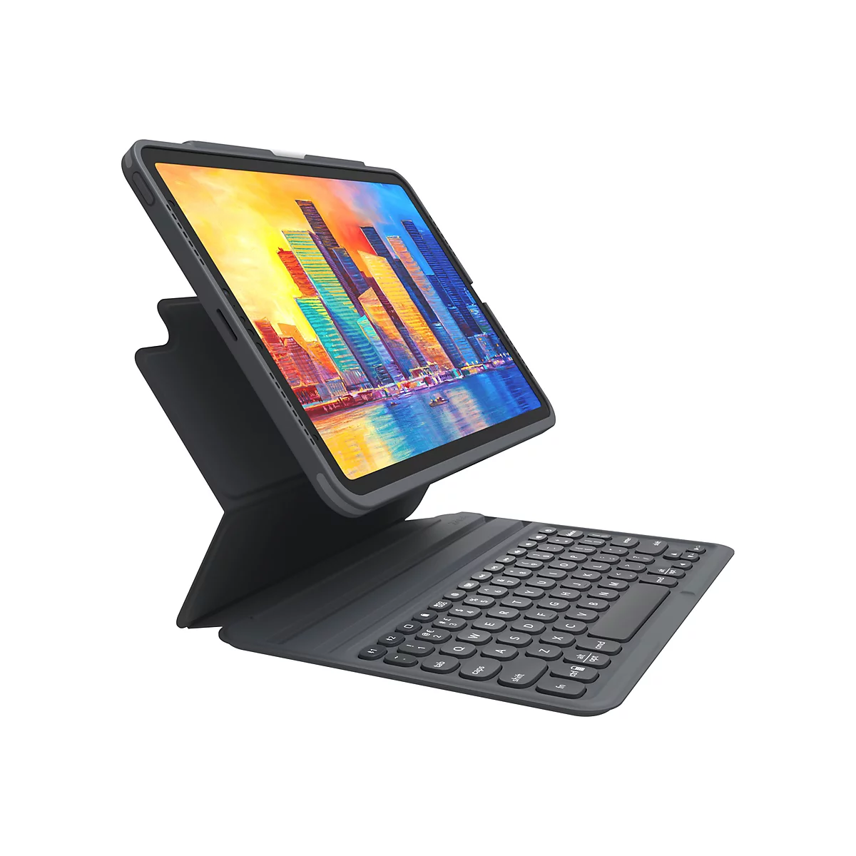 Ein Tablet mit Tastaturhülle, die hochgeklappt ist. Auf dem Bildschirm ist ein buntes Stadtbild zu sehen.