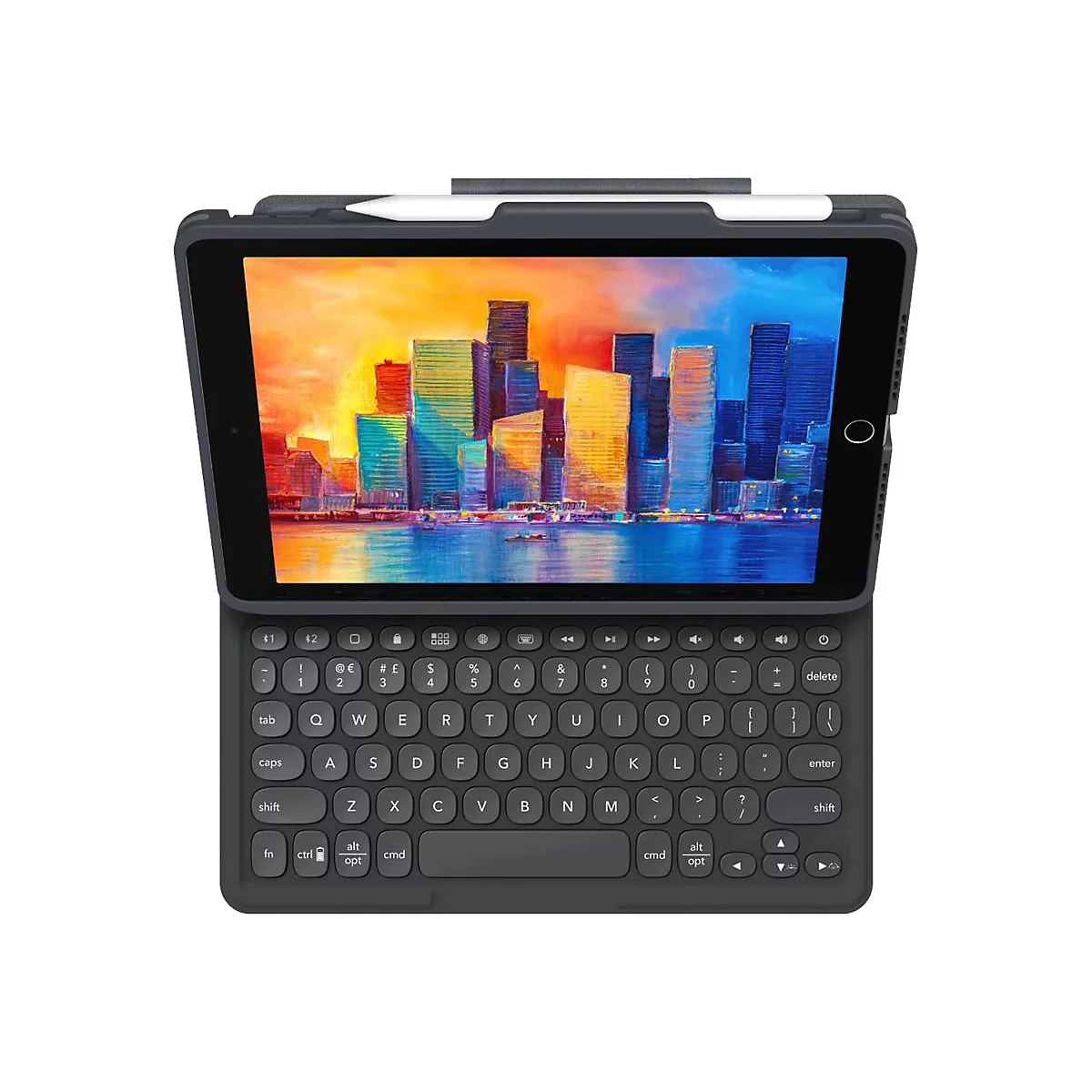 Dunkelgraues Tablet mit Tastatur. Auf dem Bildschirm ist ein farbenfrohes Gemälde zu sehen, der Stift steckt am oberen Rand.