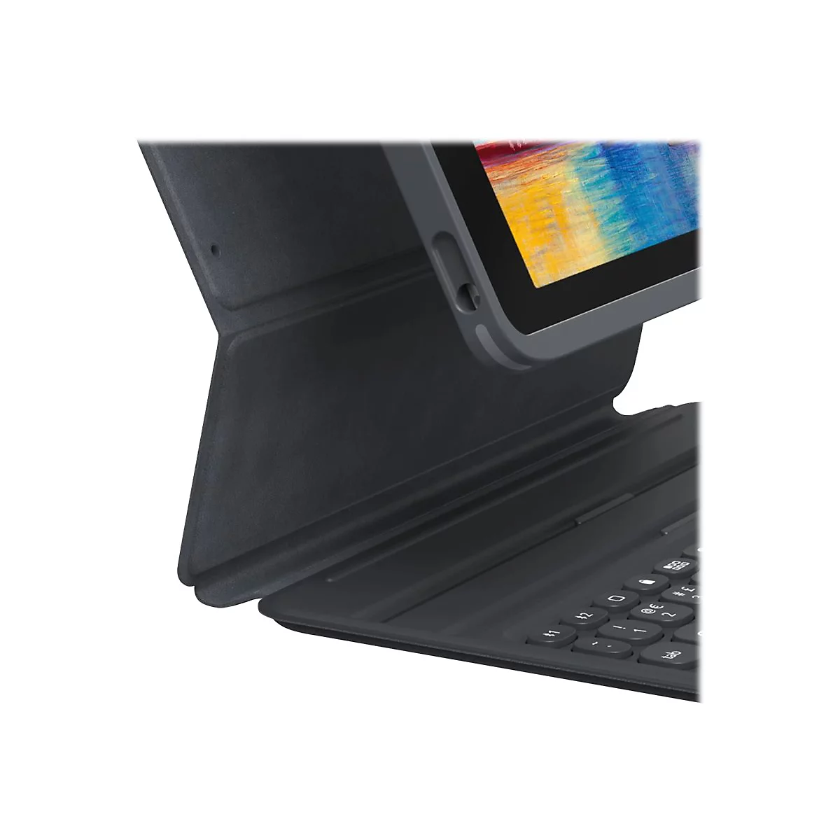Dunkelgraues Tablet-Cover mit integrierter Tastatur. Das Tablet ist zur Hälfte im Cover sichtbar, der Bildschirm zeigt ein abstraktes Farbspiel.