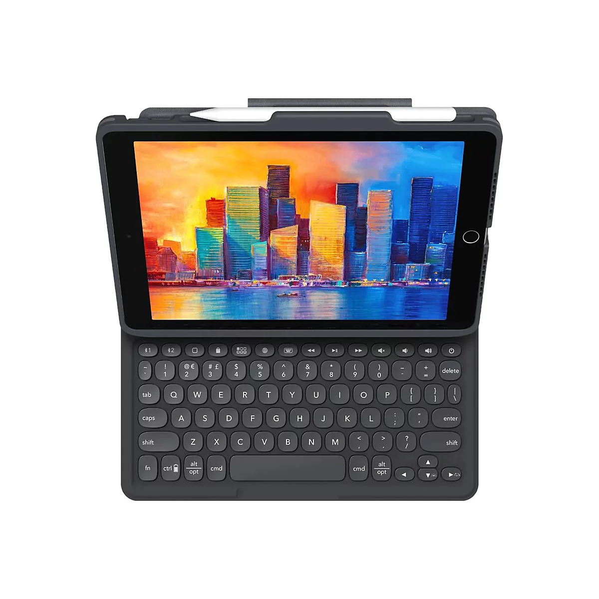 Dunkelgraues Tablet mit Stift und Tastatur. Auf dem Bildschirm ist ein farbenfrohes Stadtbild zu sehen.