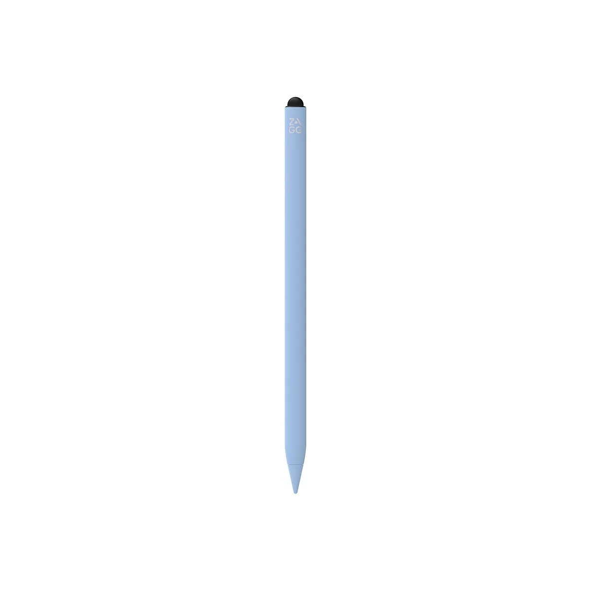 Hellblauer Stylus-Stift, schwarz abgerundete Spitze, weiÃŸer Hintergrund.