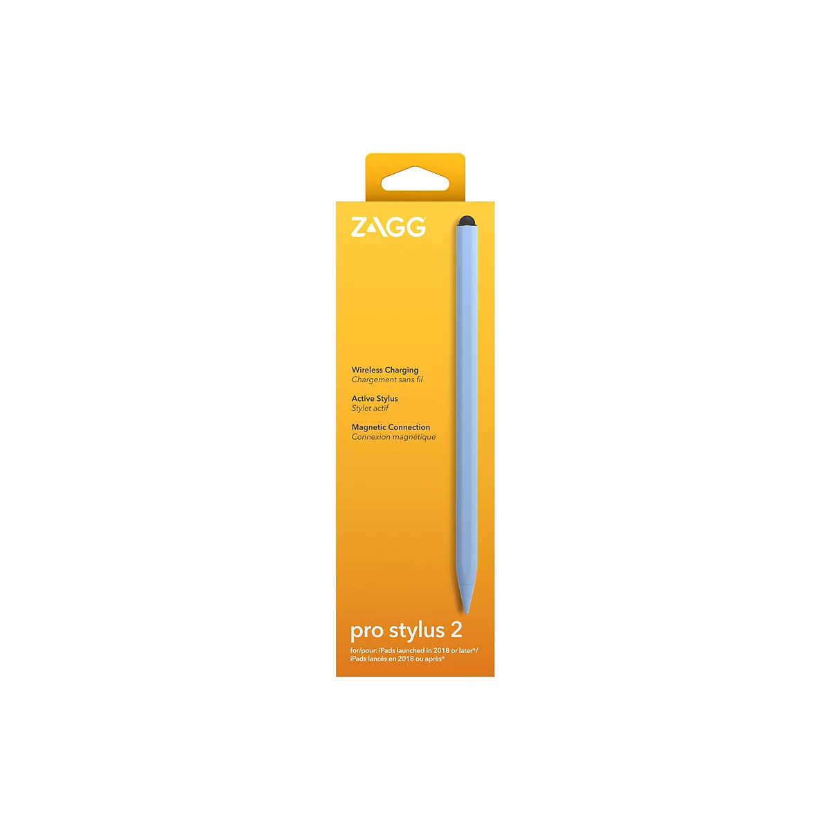 Stift und Verpackung. Der Stift ist hellblau, mit schwarzer Spitze, auf orangefarbener Verpackung, mit Schriftzug.