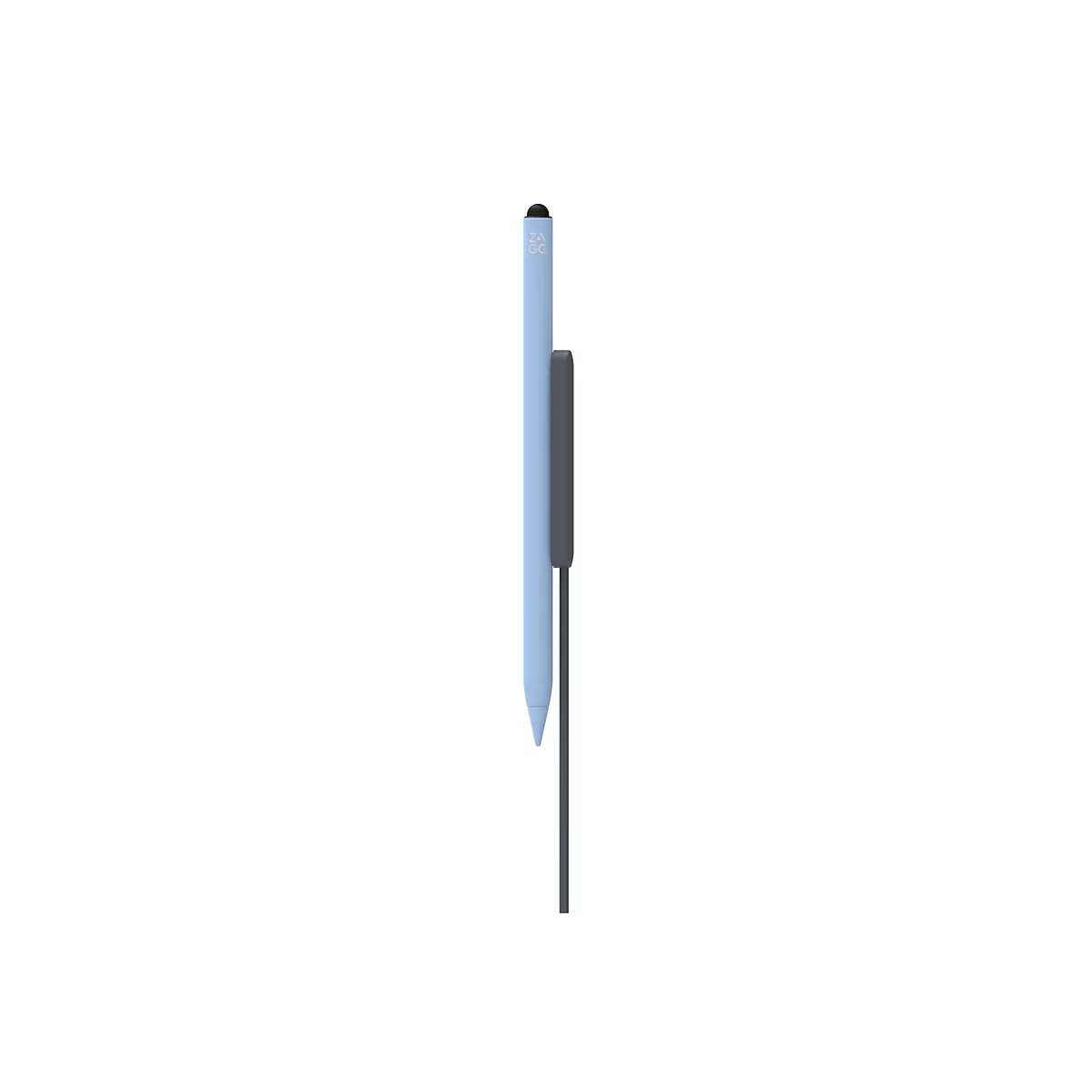Hellblaues Tablet mit Stift, an dunklem Halter befestigt.