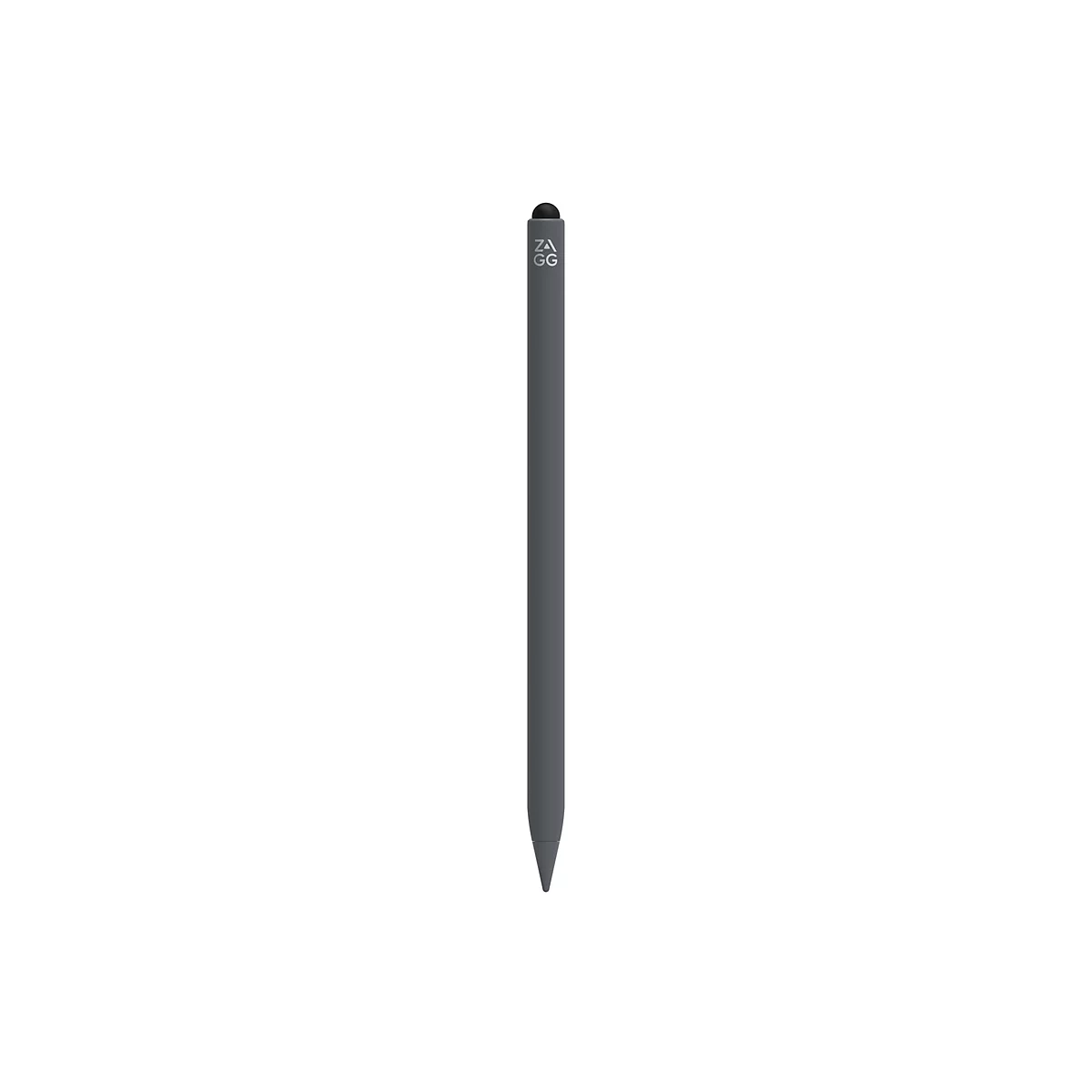 Grauer Stylus-Stift mit schwarzer Spitze und ZAGG-Logo. Der Stift ist auf weißem Hintergrund platziert.