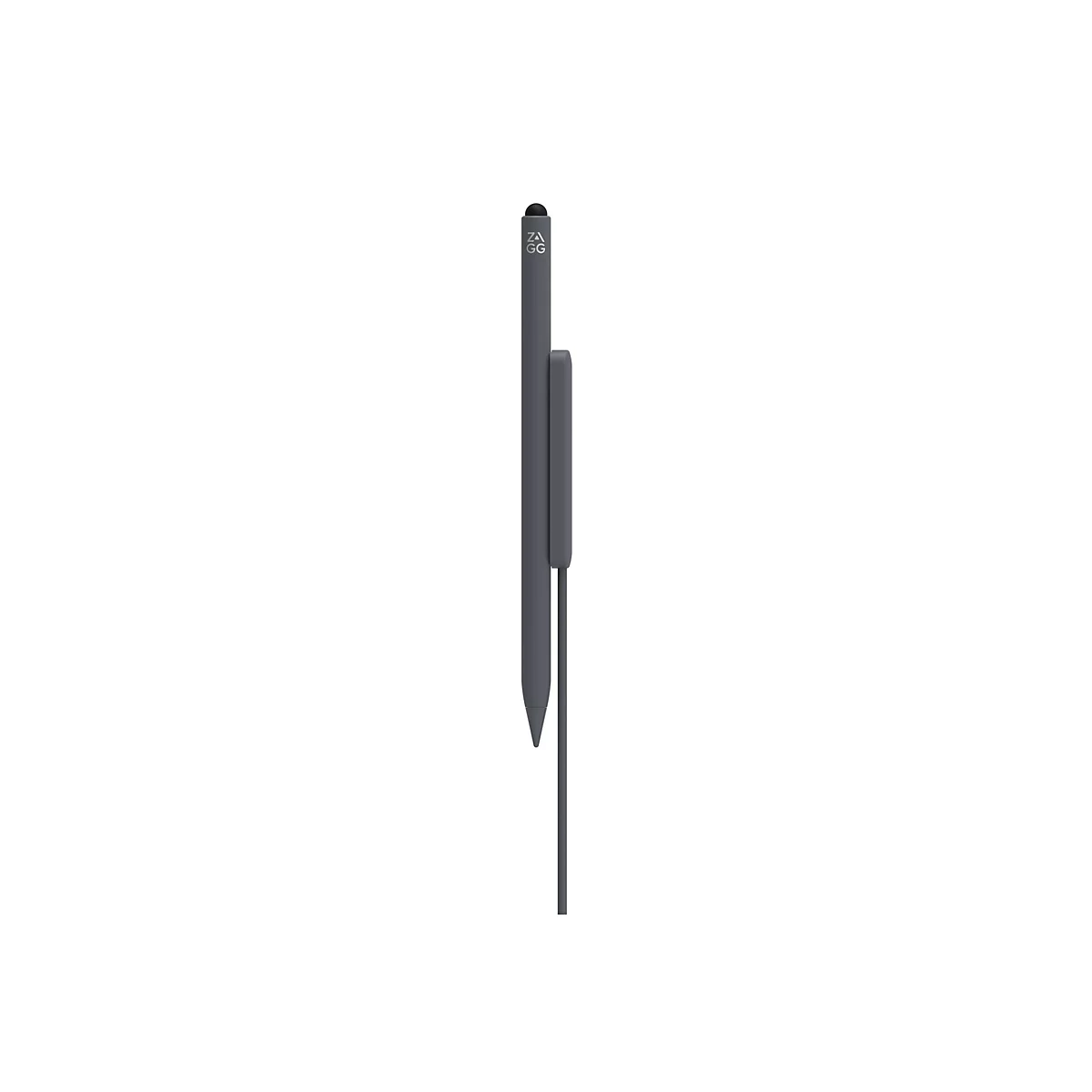 Ein grauer, digitaler Stift mit schwarzer Spitze und dem ZAGG-Logo. Der Stift hat eine Halterung und Kabel.