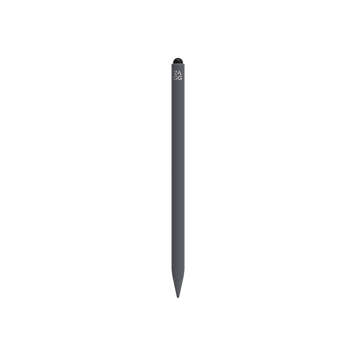 Grauer Stylus-Stift vor weißem Hintergrund. Oben schwarze Spitze, mit Logo. Der Stift verjüngt sich zu einer Spitze.