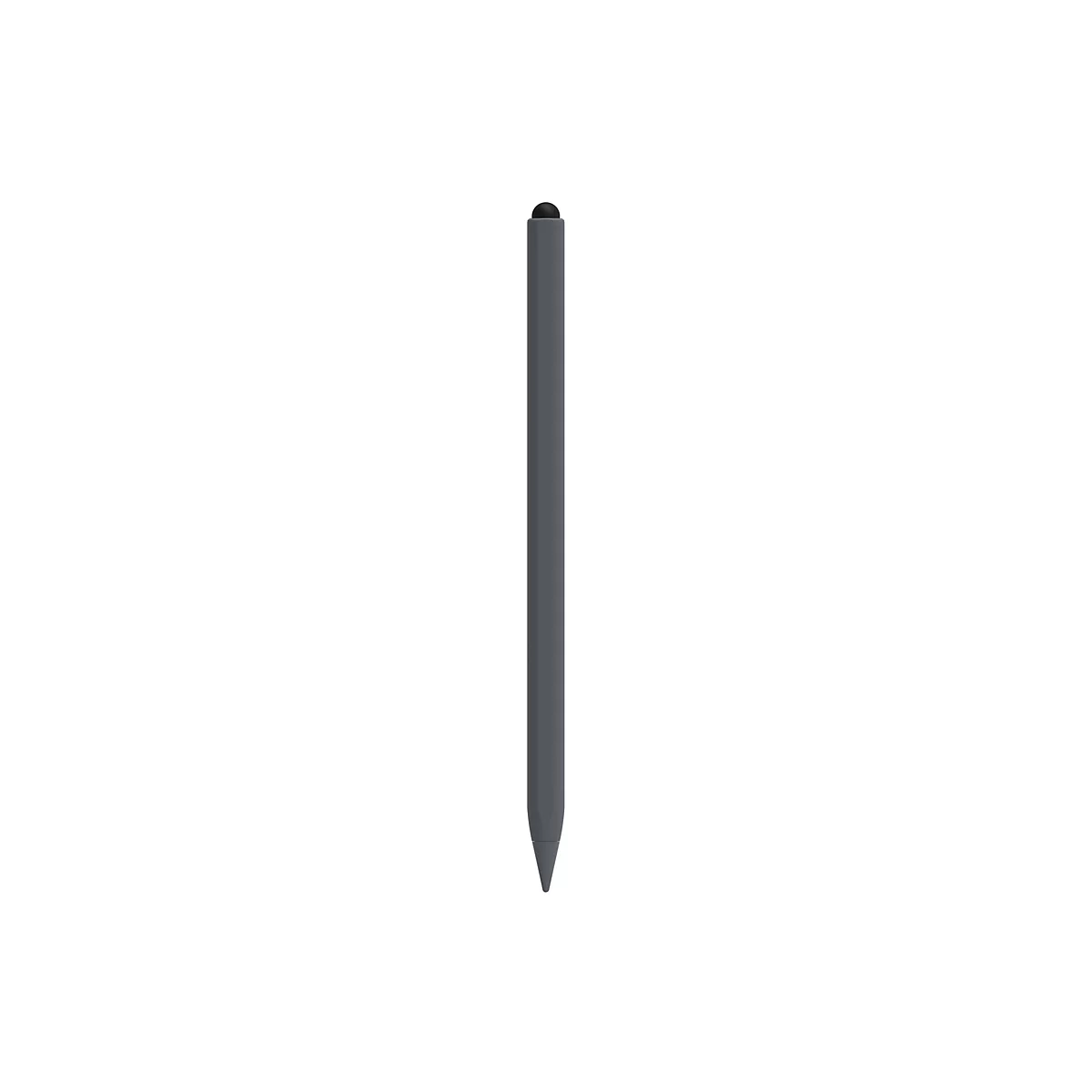 Grauer Stylus-Stift auf weißem Hintergrund. Die Spitze ist spitz und dunkelgrau, das obere Ende hat einen schwarzen Knopf.